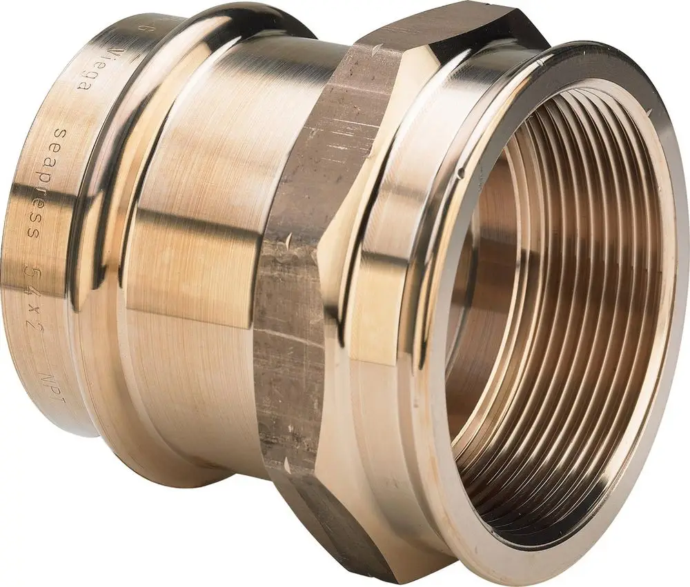 Viega Übergangsstück aus Kupfer-Nickel-Eisen mit einem gewindebasierten Anschluss. Sichtbare Innengewinde für die Verbindung mit anderen Rohrsystemen.