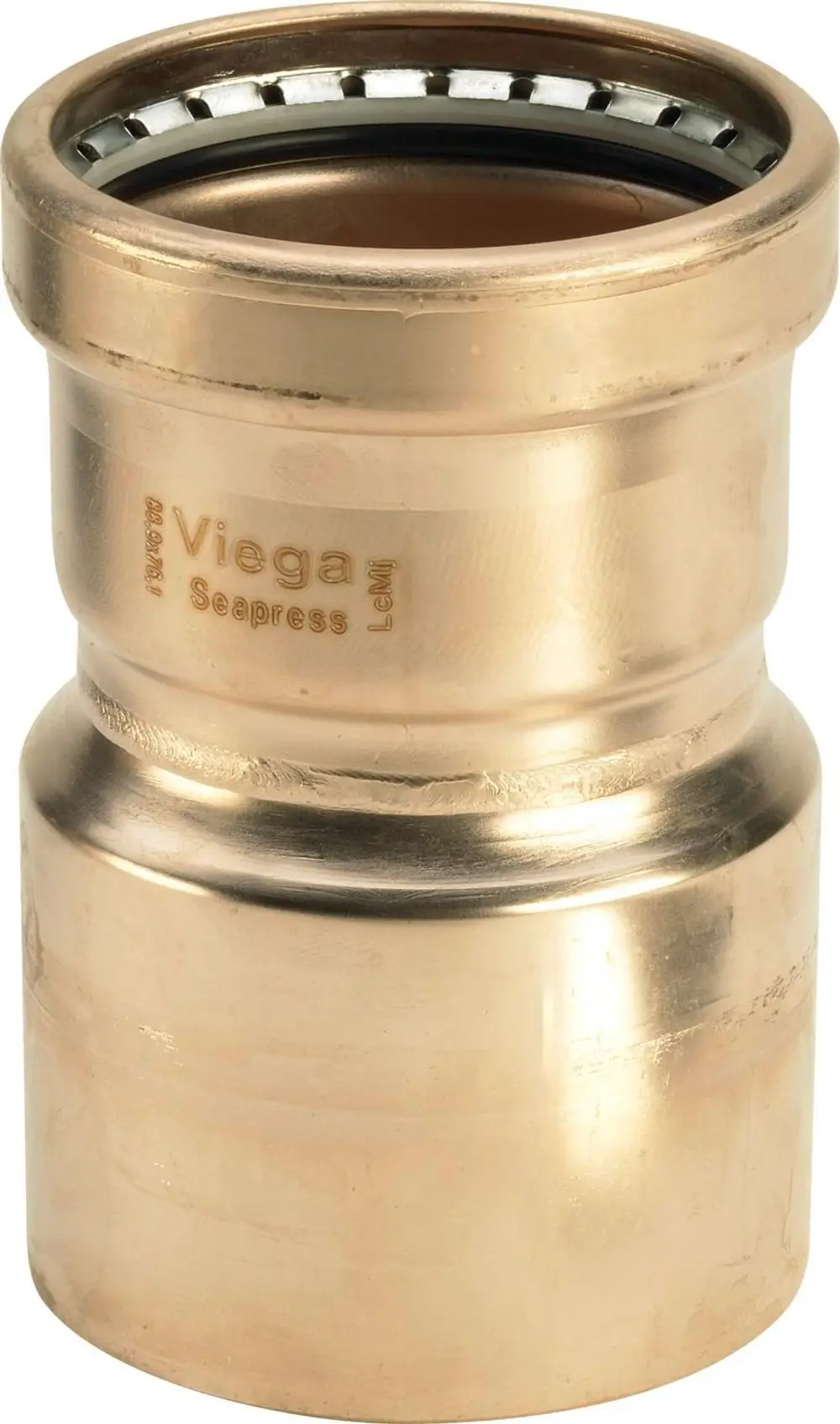Reduzierstück aus Kupfer, hergestellt von Viega, mit zwei unterschiedlichen Durchmessern und glatter Oberfläche, geeignet für Druckleitungen.