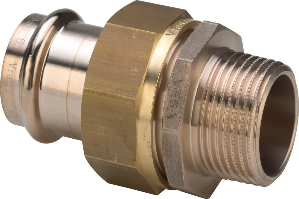Seapress-Übergangsverschraubung aus Kupfer-Nickel-Eisen mit einem Gewinde und einer glatten Anschlussseite. Hersteller ist Viega.