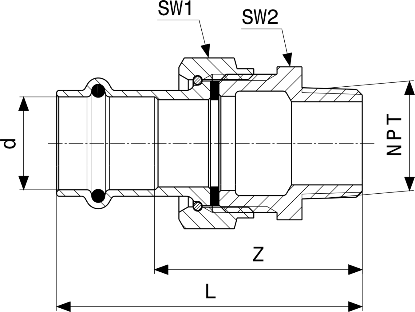 Übergangsverschraubung aus Kupfer-Nickel-Eisen, mit NPT-Anschluss. Produkt von Viega, mit einer Anschlussgröße von 15 mm.