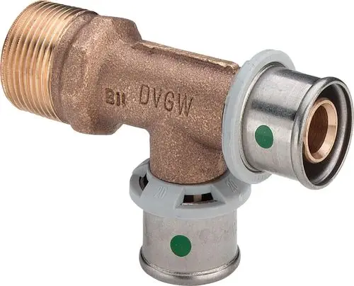 Rotguss-P-T-Stück mit zwei Pressanschlüssen und einem Gewindeanschluss, gefertigt von Viega. Geeignet für flexible Rohrleitungen und Sanitärinstallationen.