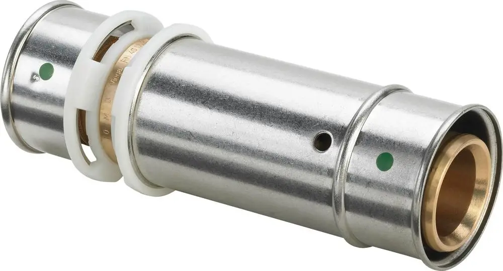 Reparaturkupplung aus Metall mit Kunststoffring, verwendet für Rohrverbindungen. Markenlogo von Viega auf der Kupplung sichtbar.