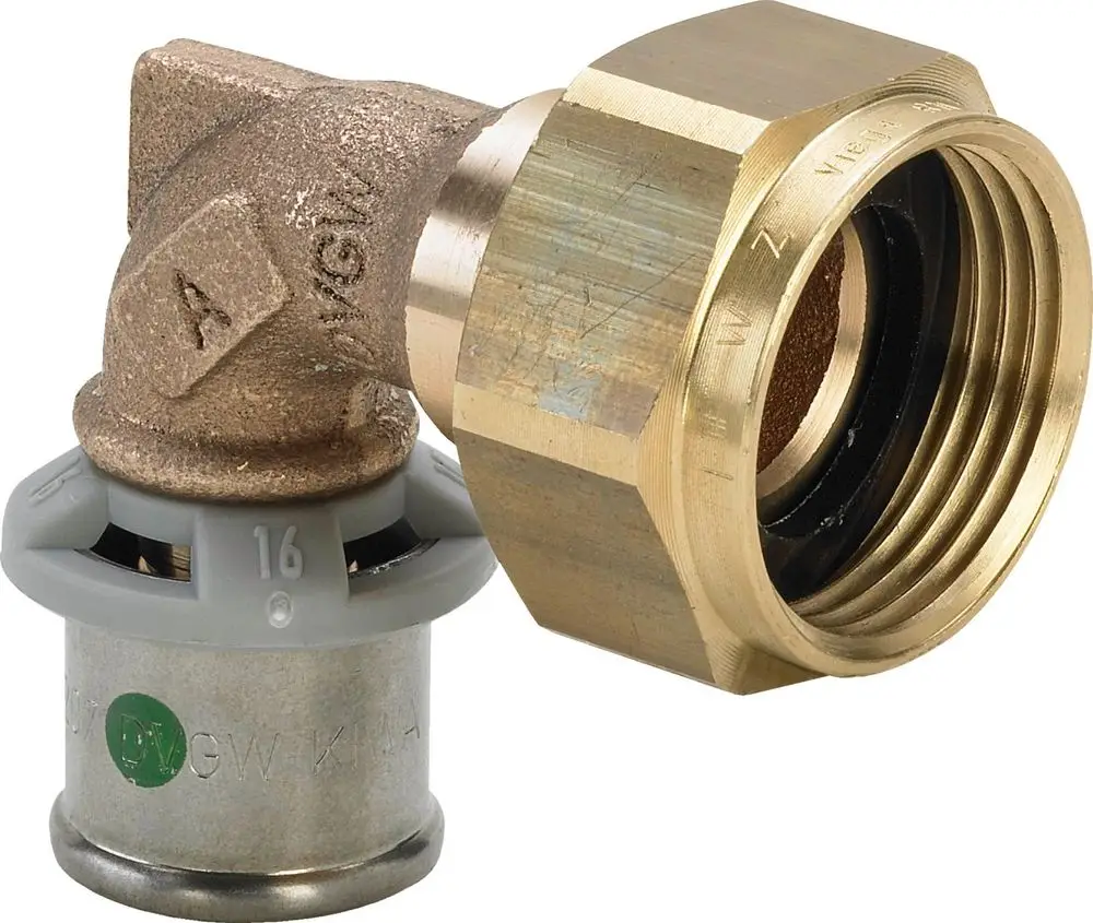 Anschlussverschraubung mit 90-Grad-Biegung aus Rotguss, versehen mit einem Viega-Montageelement. Geeignet für Rohrdurchmesser von 16 mm.