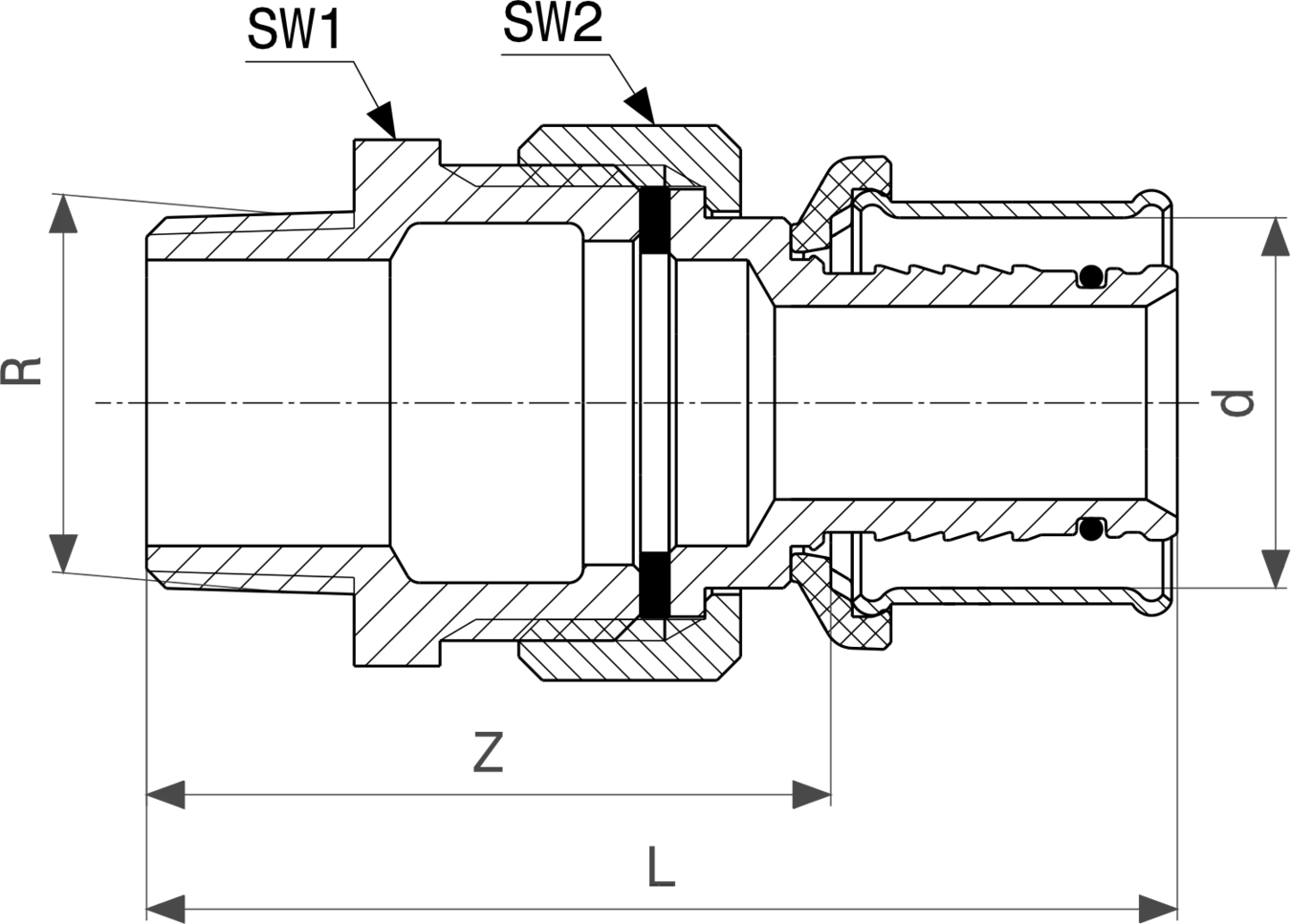 Viega Fosta Übergangsverschraubung aus Rotguss, dargestellt im Diagramm mit diversen Abmessungen für Verbindungstechnik. Klares Design zur optimalen Anbringung.