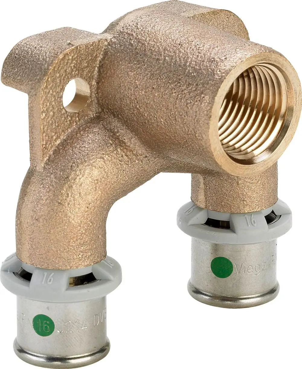 Bronzene Sanitärinstallation mit zwei Viega-Anschlüssen, ideal für Rohrverbindungen, zeigt Gewinde und Montageöffnungen.