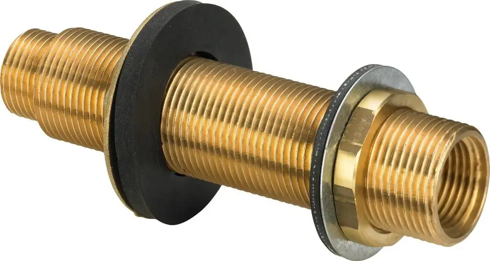 Viega-Rohrdurchführung aus Rotguss mit geflanschtem Dichtungsring, geeignet für Wandmontage, mit einem Ende für Innengewinde und einem Ende für Außengewinde.