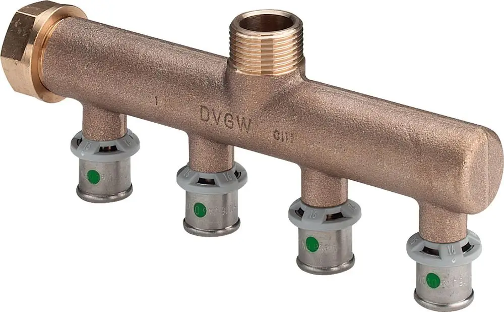 Verteiler aus Rotguss mit mehreren Anschlüssen, ausgestattet mit Viega-Systemkomponenten. Geeignet für die Verteilung von Wasser in sanitärtechnischen Anwendungen.