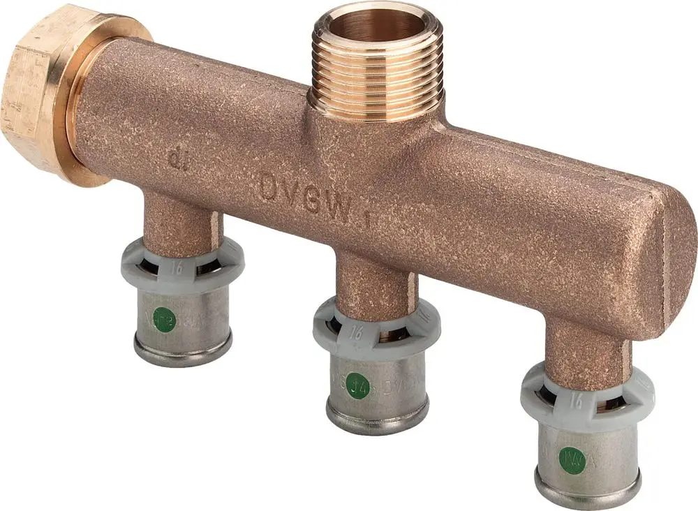 Verteiler zur Wasserinstallation aus Rotguss mit mehreren Anschlüssen. Geeignet für Anwendungen mit Viega Systemen. Anschlussgewinde deutlich sichtbar.