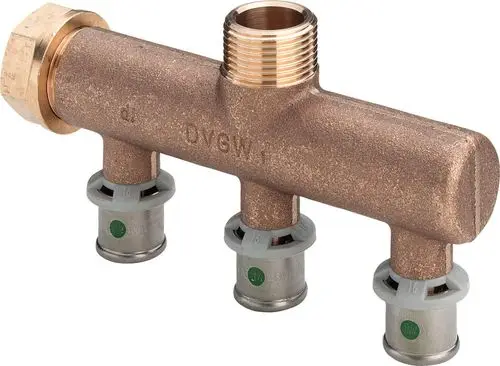 Verteiler zur Wasserinstallation aus Rotguss mit mehreren Anschlüssen. Geeignet für Anwendungen mit Viega Systemen. Anschlussgewinde deutlich sichtbar.