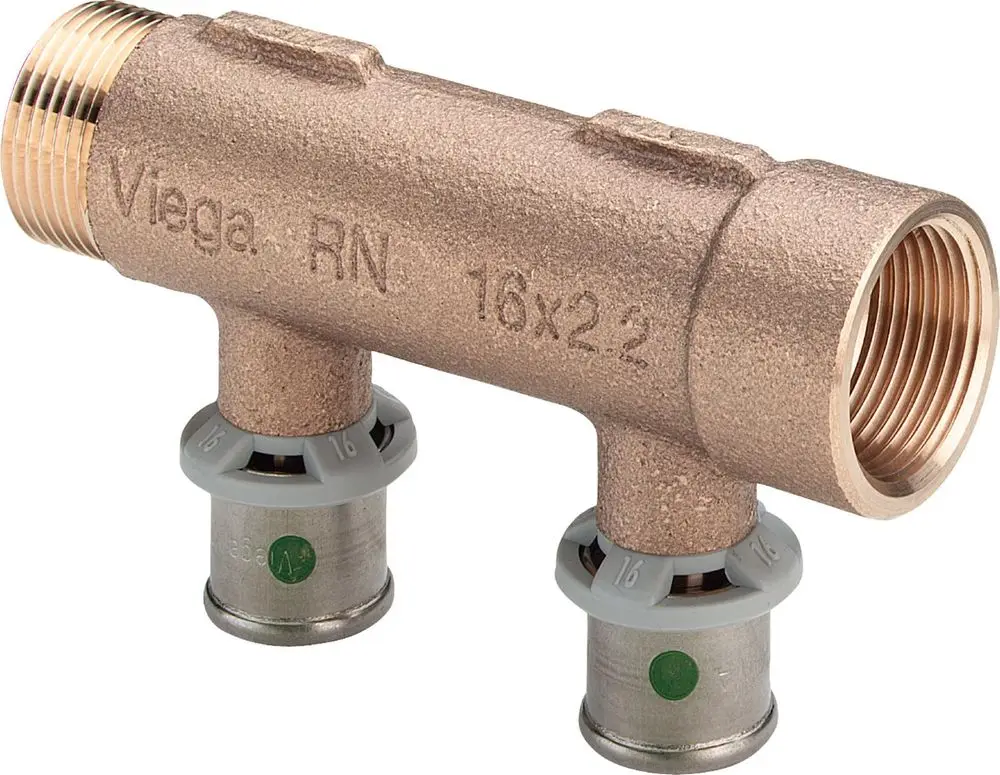 Viega-Verteiler mit zwei Anschlüssen, einem mit Außengewinde. Das Produkt ist aus Rotguss gefertigt und dient zur Wasserverteilung in Rohrsystemen.