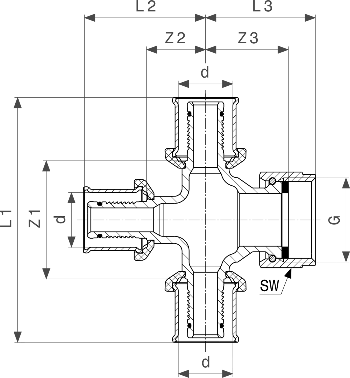 Sanitärverteiler von Viega mit mehreren Anschlüssen. Das Bild zeigt ein schematisches Diagramm der Rohrverbindungen und Maße.