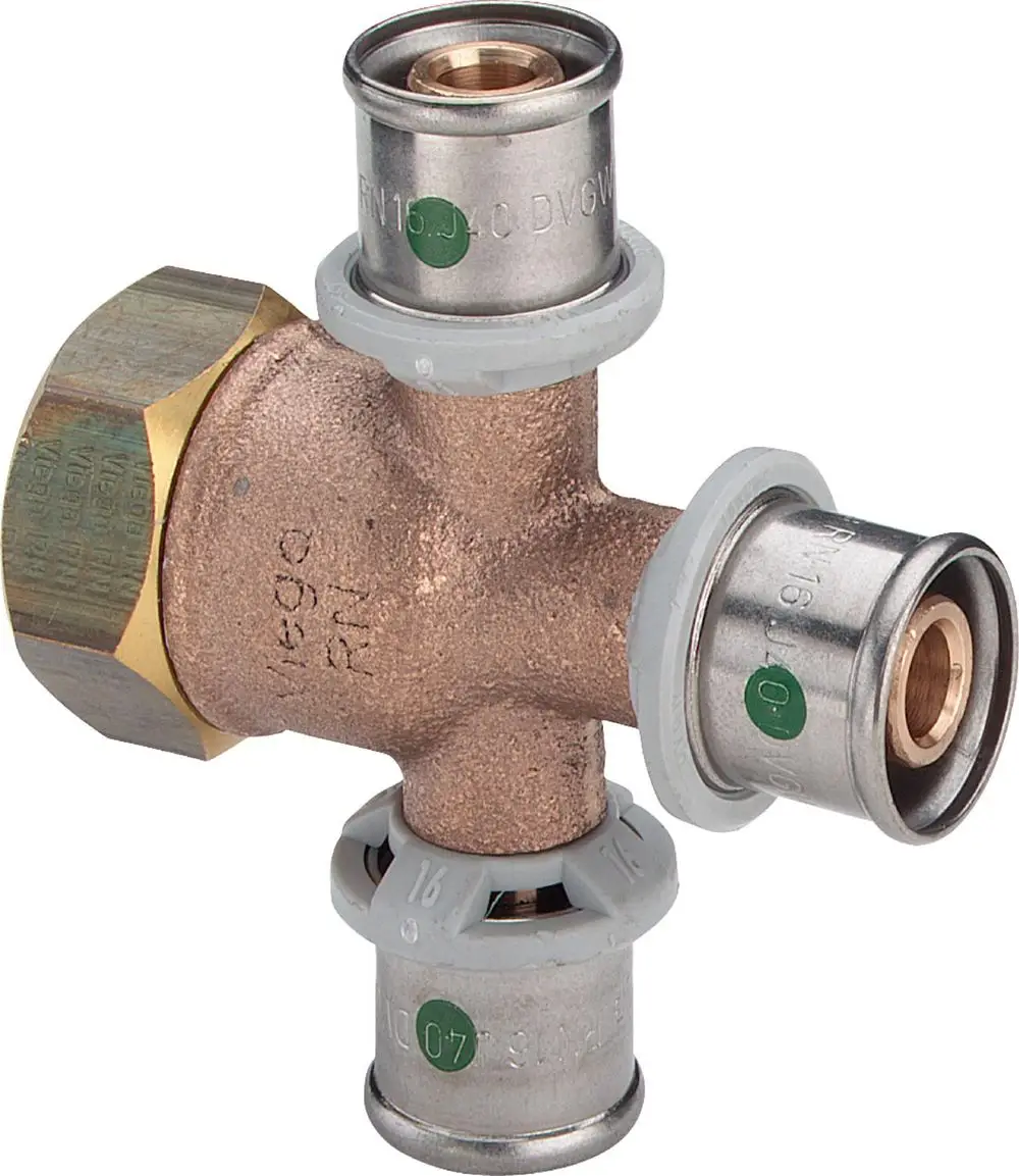 Kupferner Verteiler mit drei Anschlüssen und einem externen Gewinde. Eignet sich für die Verwendung mit Viega-Systemen in Sanitärinstallationen.