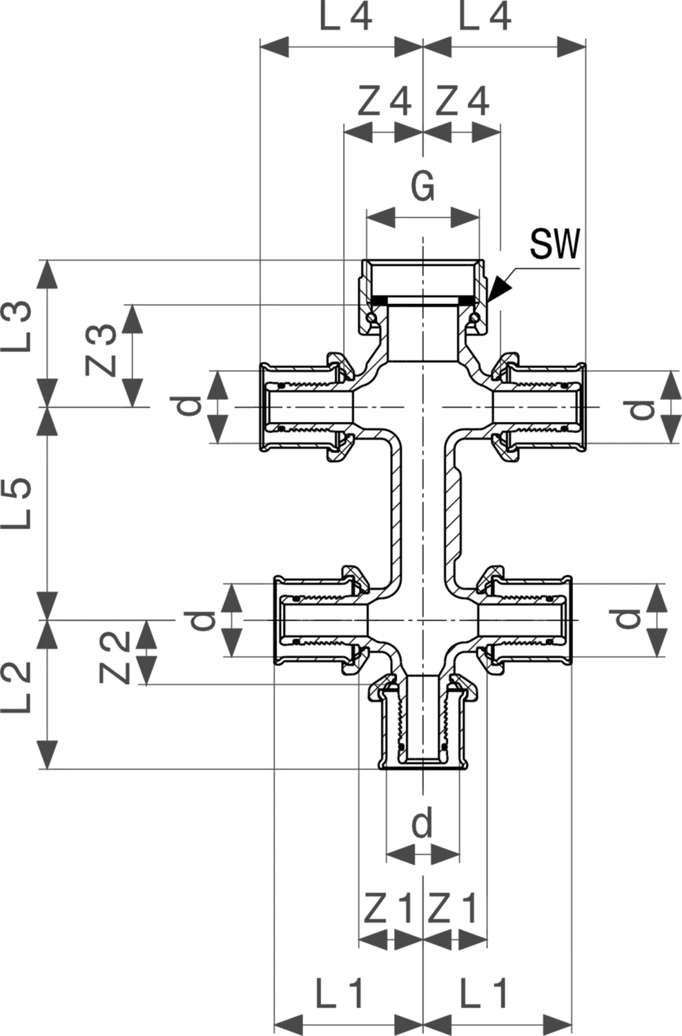 Sanfix P-Verteiler aus Rotguss mit mehreren Anschlüssen, dargestellt in einem schematischen Diagramm. Informationen zu Dimensionen und Positionen der Anschlüsse sind klar erkennbar.