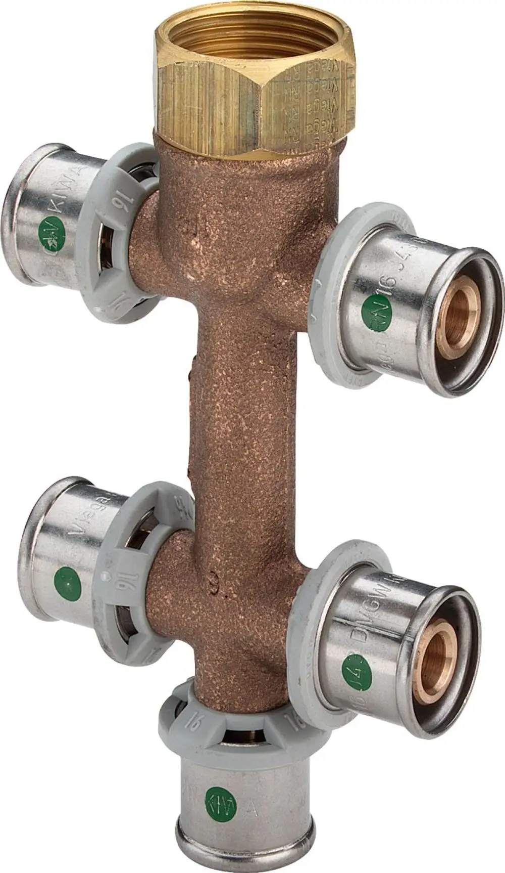Viega Verteiler aus Rotguss mit mehreren Anschlussmöglichkeiten, geeignet für Rohrsysteme. Es sind mehrere Metallverbindungen sichtbar.