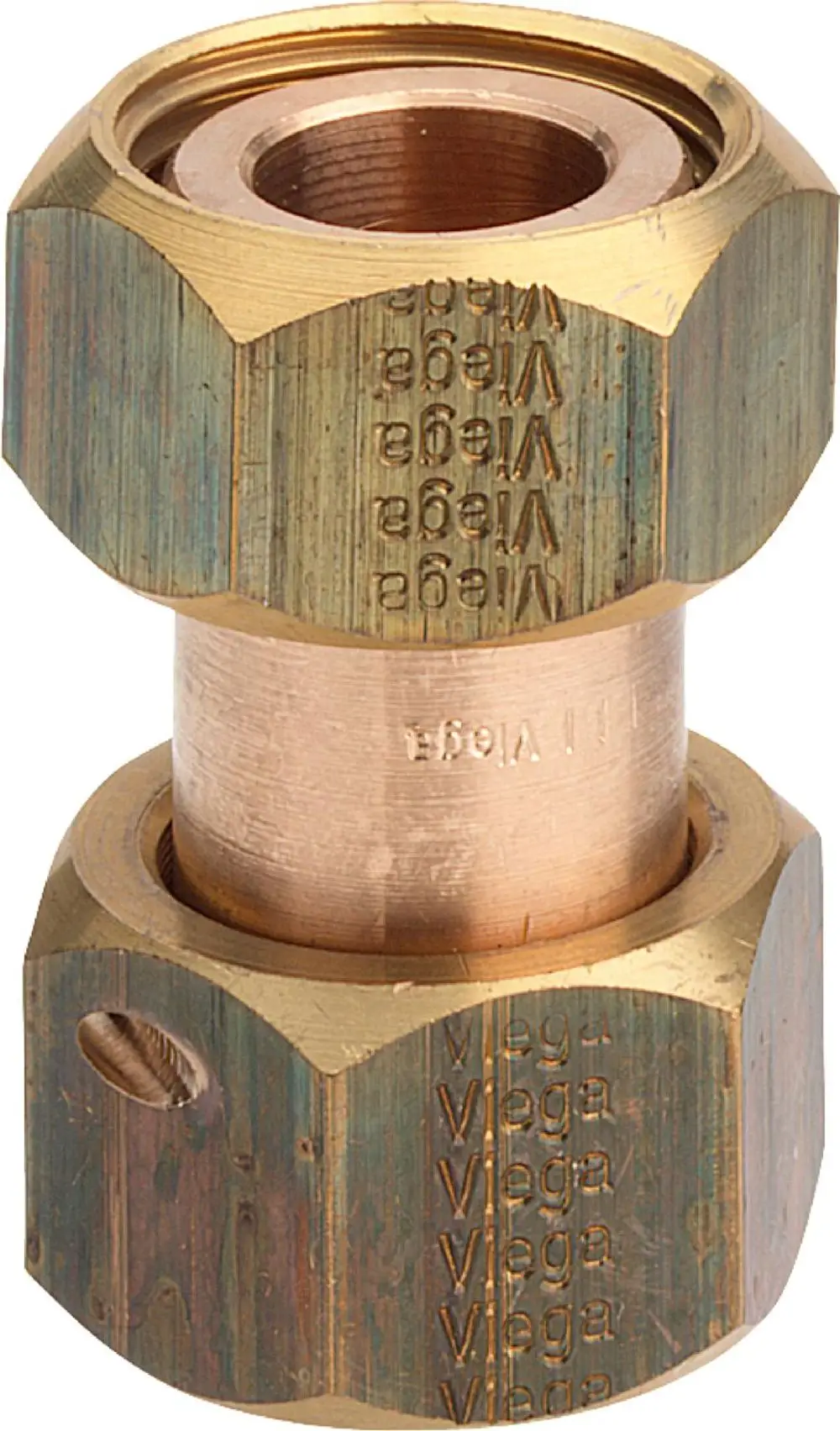 Messingfarbene Anschlussverschraubung mit gerändelten Seiten und der Aufschrift "Viega". Das Produkt hat einen zylindrischen Körper und zwei Öffnungen für Rohranschlüsse.