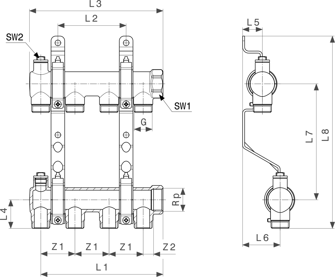 Messingverteiler von Viega mit mehreren Anschlüssen, ausgestattet für Rohrverbindungen. Sichtbare Maße und strukturierte Linien zur genauen Identifikation der Anschlusspunkte.