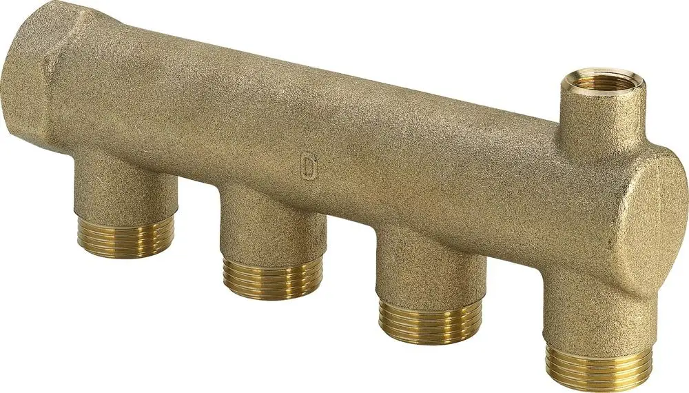 Messing Verteiler mit mehreren Anschlüssen, gefertigt von Viega. Das Produkt zeigt eine robuste Bauweise zur Verteilung von Flüssigkeiten oder Gasen.