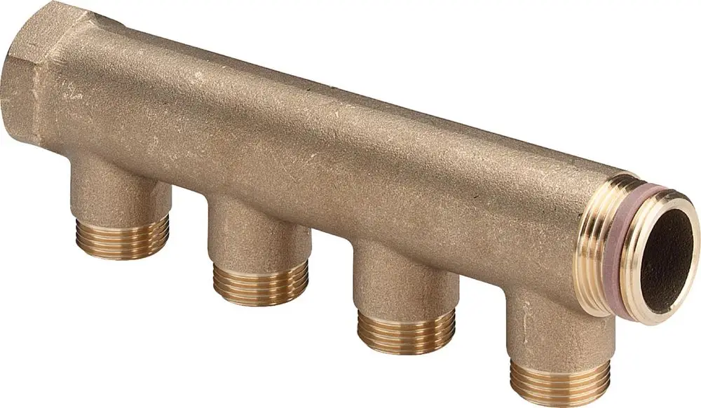Messingverteiler mit mehreren Anschlüssen, geeignet für Sanitärinstallationen, von Viega. Design ermöglicht effiziente Wasserverteilung in Rohrsystemen.