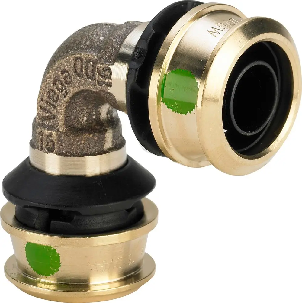 Rundbogen aus Siliziumbronze mit schwarzen Gummidichtungen und Verbindungsteilen, produziert von Viega. Er dient zur Verbindung von Rohren in einem 90-Grad-Winkel.