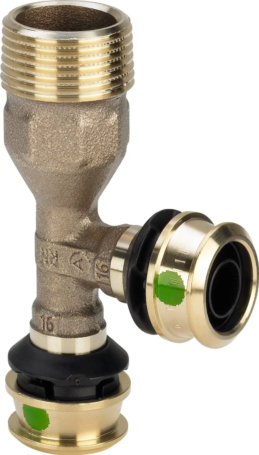 Viega T-Stück aus Siliziumbronze mit zwei gleichartigen Anschlüssen. Das Bauteil ist für Rohrverbindungen konzipiert und zeigt klare Anschlussmöglichkeiten.