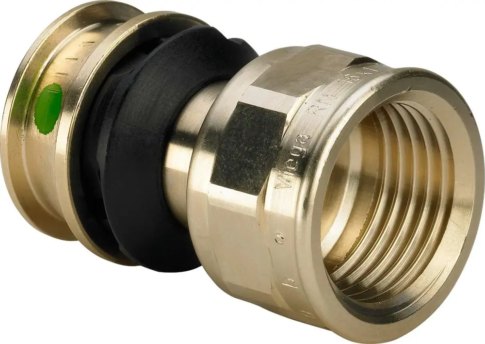 Übergangsstück aus Siliziumbronze mit Gewinde, gefertigt von Viega. Das Produkt weist eine runde Form mit zwei unterschiedlichen Enden zur Verbindung auf.
