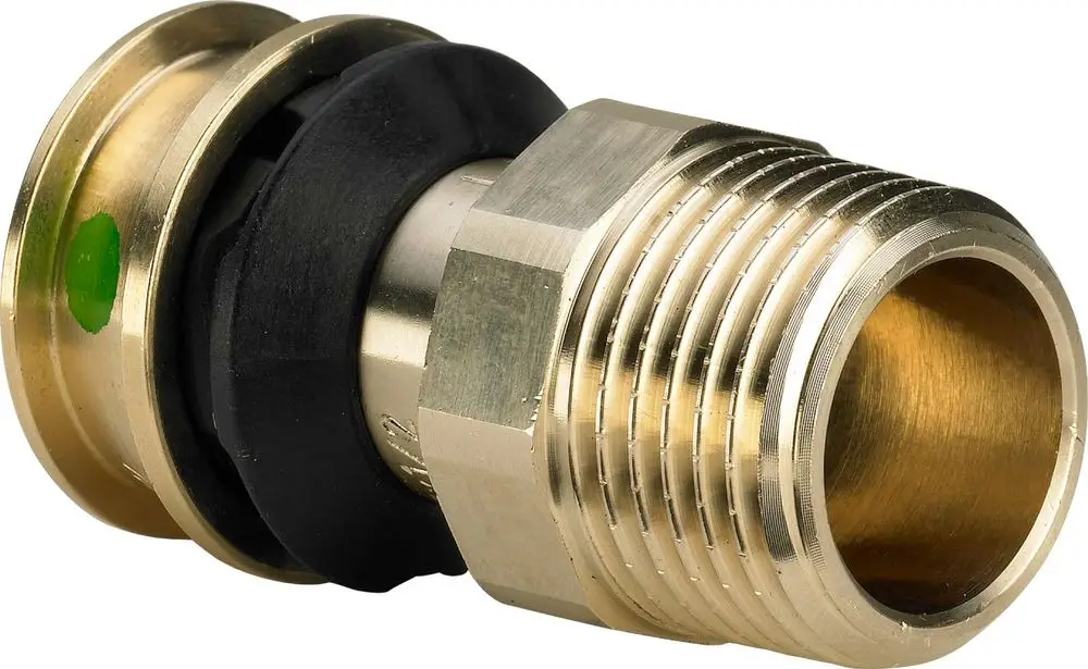 Übergangsstück aus Siliziumbronze mit Verbindungsstücken. Das Produkt stammt von Viega und eignet sich für Rohrleitungen.
