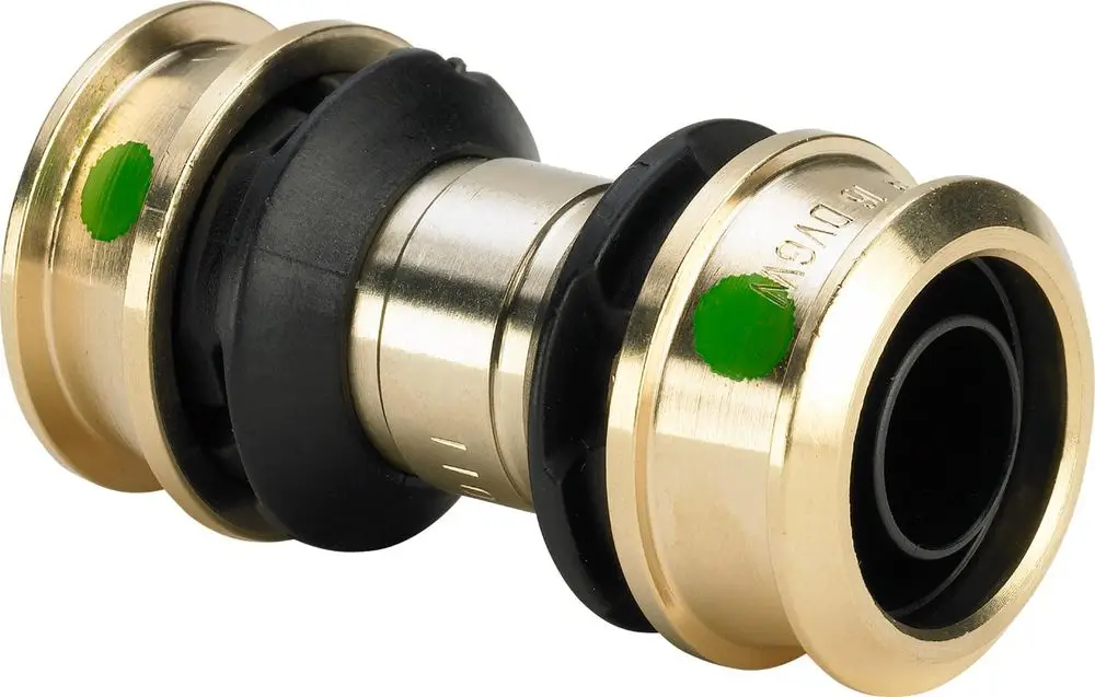 Runde Kupplung aus Siliziumbronze mit schwarzem Innenring und grünen Markierungen, hergestellt von Viega. Geeignet für Verwendung in Rohrleitungssystemen.