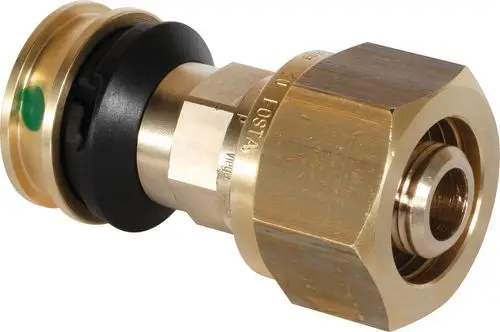 Übergangsstück aus Siliziumbronze mit einem Anschluss und einer Dichtung, hergestellt von Viega. Das Produkt weist eine glatte Oberfläche und eine standardisierte Form auf.