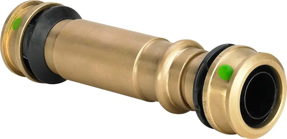 Kupplung aus Siliziumbronze mit zwei Gummidichtungen. Die Produktmarke ist Viega. Geeignet für Rohrverbindungen in Heizungs- oder Sanitärsystemen.