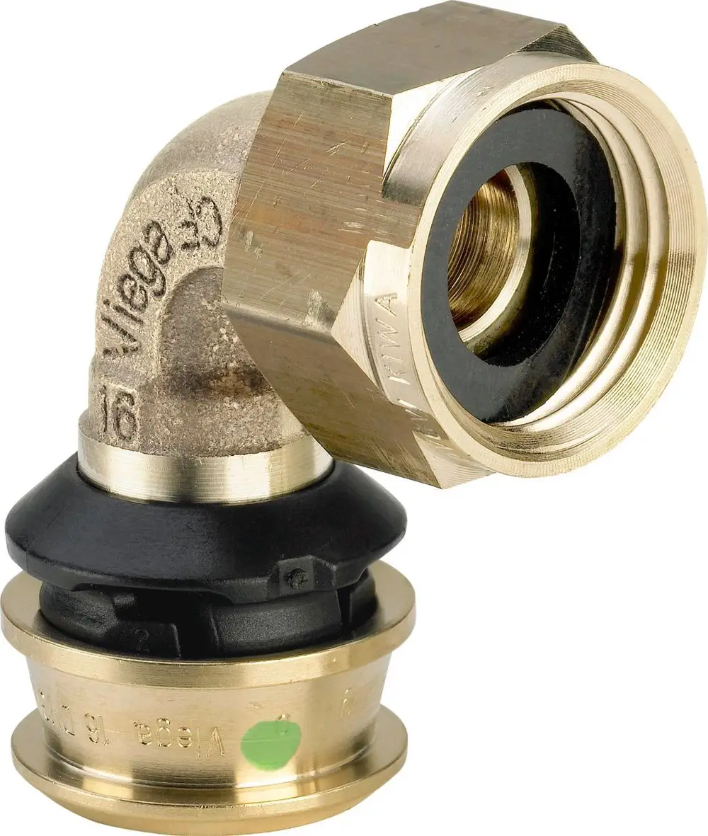 Viega Raxofix-Anschlussverschraubung mit 90-Grad-Bogen und einer Verbindung für Rohre, erkennbar durch die Materialien Siliziumbronze und eine schwarze Dichtung.