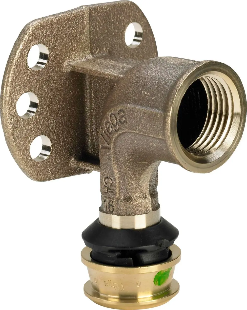 Wandscheibe aus Siliziumbronze mit einer Gewindebohrung für Rohrverbindungen. Das Produkt stammt von Viega und ist für die Montage an Wandflächen konzipiert.