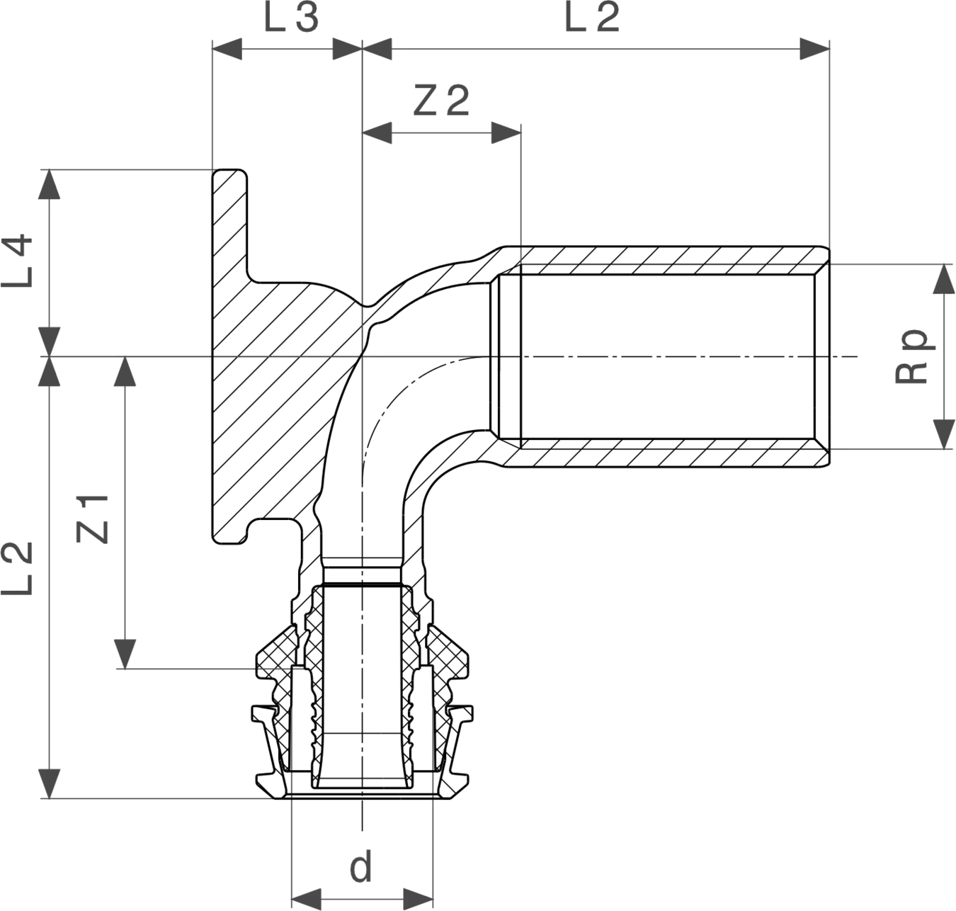 Viega Wandscheibe aus Siliziumbronze mit verschiedenen Dimensionen für Rohrverbindungen, abgebildet in einer technischen Skizze.