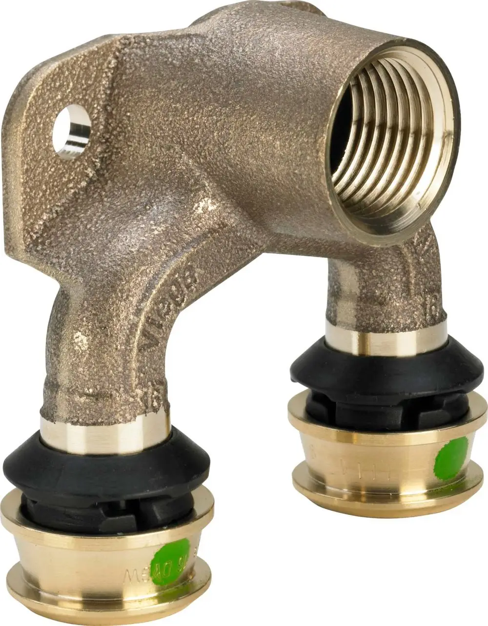 Doppelwandige Verbindungselemente aus Siliziumbronze mit Gummi-Dichtungen und Gewindeanschluss. Hersteller: Viega.