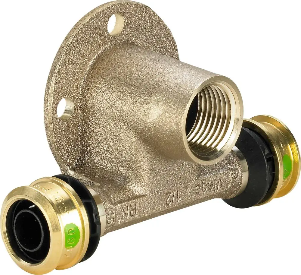 T-Stück aus Siliziumbronze mit zwei Anschlüssen für Rohre, eine Seite mit Innengewinde, geeignet für die Montage mit Viega Produkten.