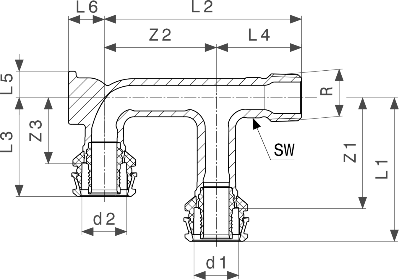 Doppelwandige Verbindungsscheibe aus Siliziumbronze mit verschiedenen Durchmessern und Abmessungen, hergestellt von Viega. Technische Darstellungen der Dimensionen sind sichtbar.