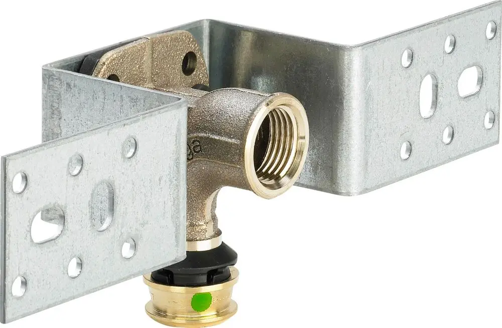 Montageeinheit aus verchromtem Metall mit einer Anschlussmuffe und Befestigungselementen, hergestellt von Viega, zur Verwendung in Sanitärinstallationen.