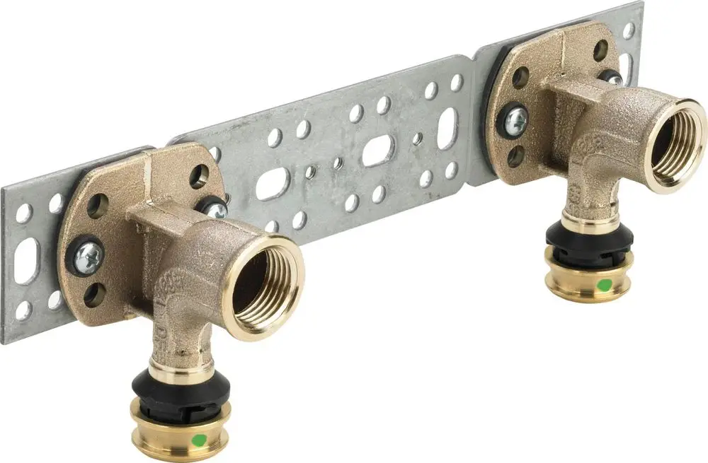 Viega-Raxofix-Montageeinheit mit zwei Winkelauslässen. Gehäuse aus Messing, montiert auf einer Stahlplatte mit Löchern zur Befestigung.