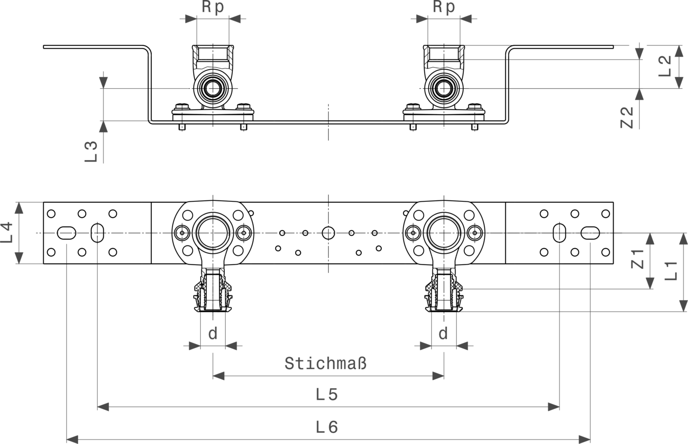 Montageeinheit aus verzinktem Stahl, mit verschiedenen Anschlussmöglichkeiten. Teil der Viega Produktlinie zur Installation von Rohrsystemen.