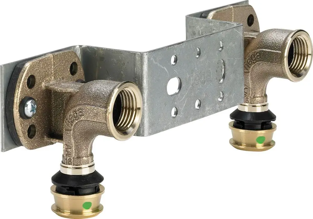 Zweifache Montageeinheit von Viega mit zwei Ausgängen. Die Verbindungselemente sind aus Metall und besitzen eine zinkbeschichtete Halterung zur Wandmontage.