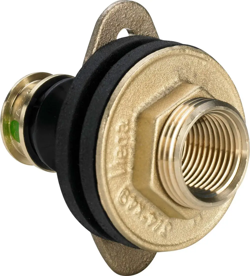 Wanddurchführung aus Siliziumbronze mit einem Außengewinde, ausgestattet mit Dichtungen. Hersteller Viega, geeignet für Rohrsysteme.