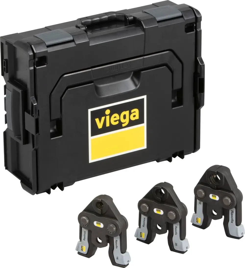 Koffer von Viega mit drei Pressbacken in verschiedenen Größen. Der Koffer ist schwarz mit einem deutlich erkennbaren Viega-Logo auf der Vorderseite.