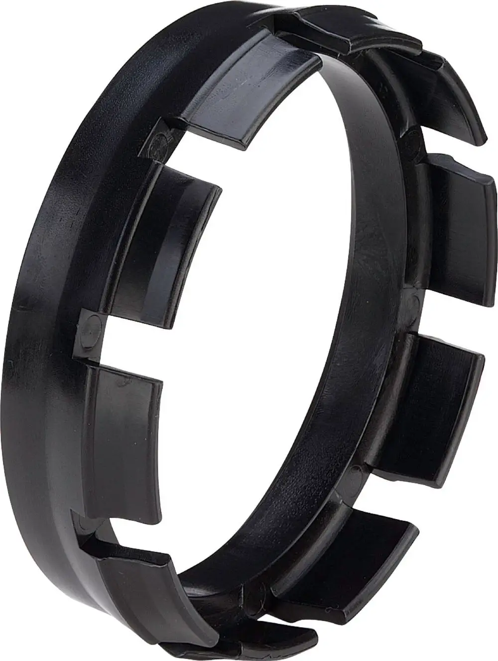 Schwarzer Druckring mit ausgeformten Einkerbungen, gefertigt aus Kunststoff. Teil eines Systems von Viega zur Druckregelung in Rohrleitungen.