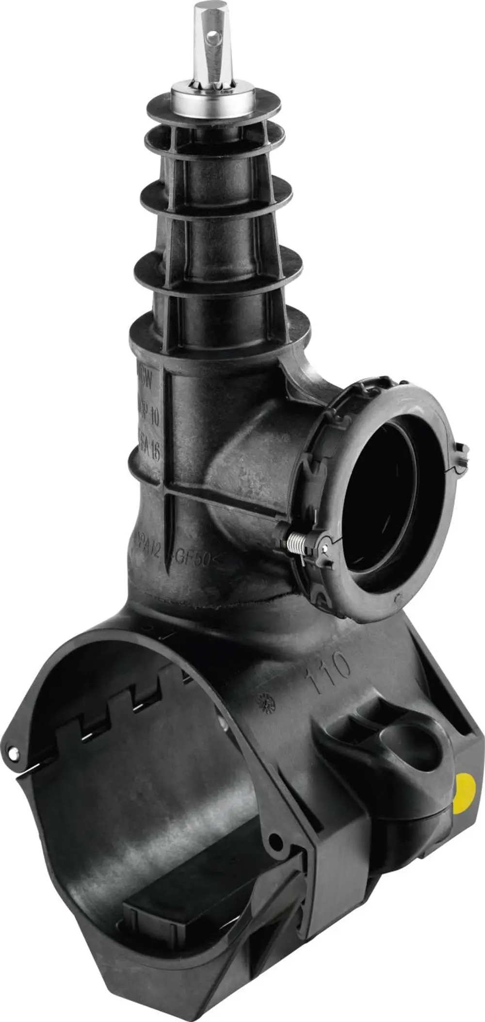 Grau-schwarze Anbohrarmatur aus Kunststoff mit Metallansatz, hergestellt von Viega, dient zur Verbindung von Rohren, erkennbar an Auslass und Befestigungselementen.