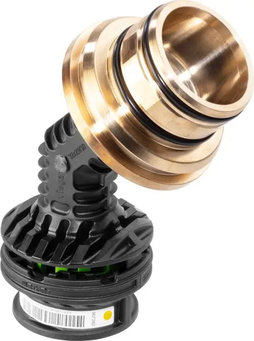 Anbohrarmatur für Rohrleitungstechnik, mit einem kugeligen Ende aus Messing und einem flexiblen Verbindungsteil aus Kunststoff, geeignet für Gasinstallationen.