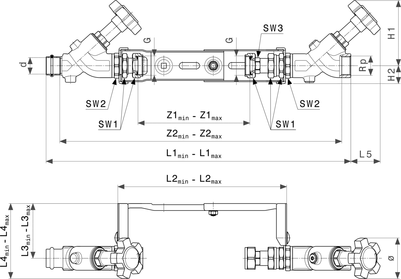 Montageeinheit von Viega zur Installation, mit klaren Dimensionen, zur Verwendung in Rohrsystemen. Komponenten und Anschlüsse sind deutlich abgebildet.