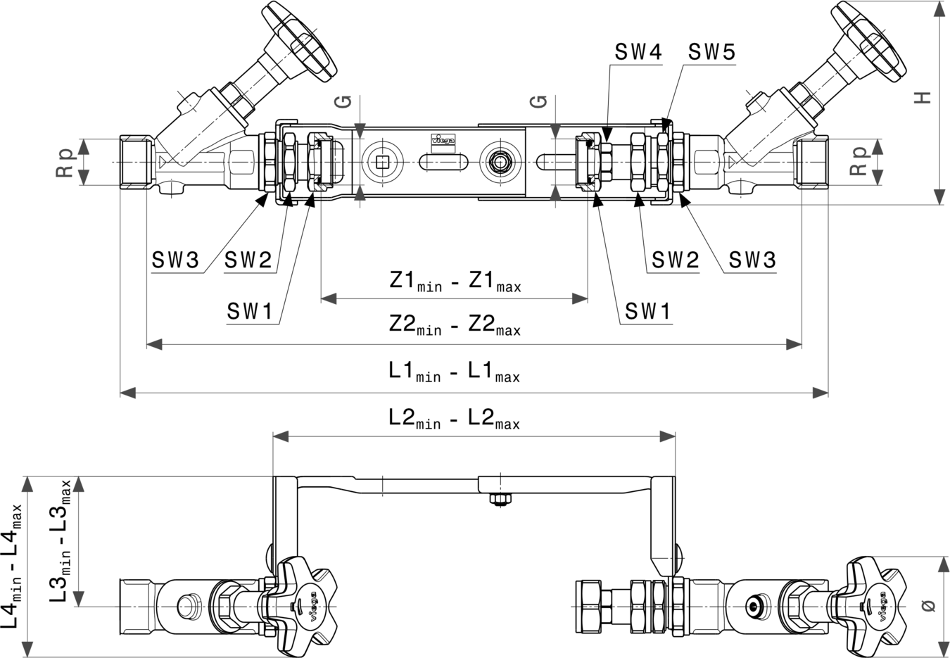 Montageschema für Viega Geopress Easytop-Montageeinheit. Darstellung von Anschlüssen und Abmessungen in technischem Zeichnungsformat.