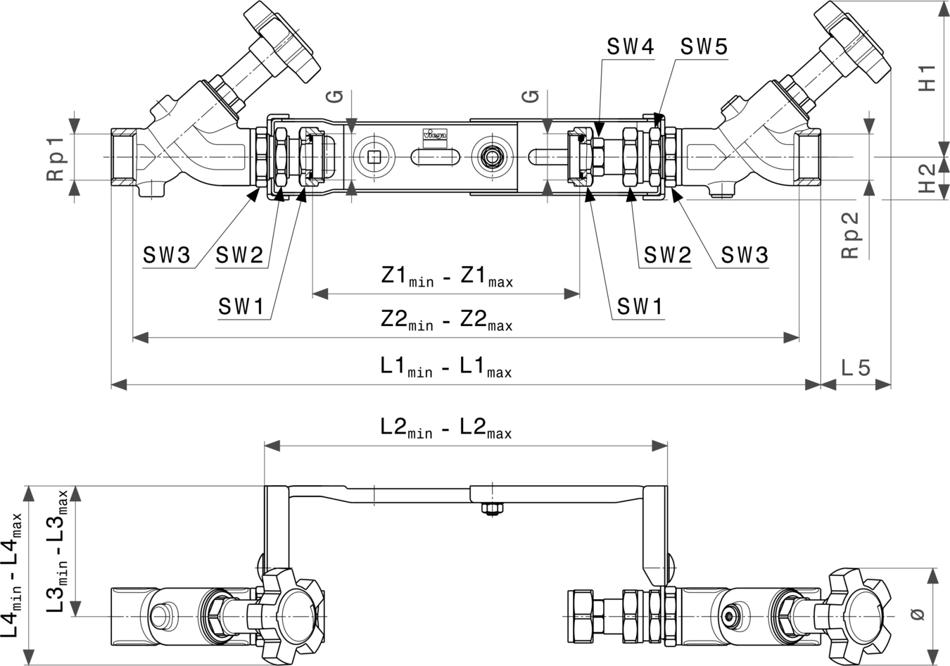 Montageeinheit von Viega mit verschiedenen Rohranschlüssen und Dimensionen für die Installation in Heizungs- oder Sanitäranlagen. Technische Zeichnung mit Maßangaben.
