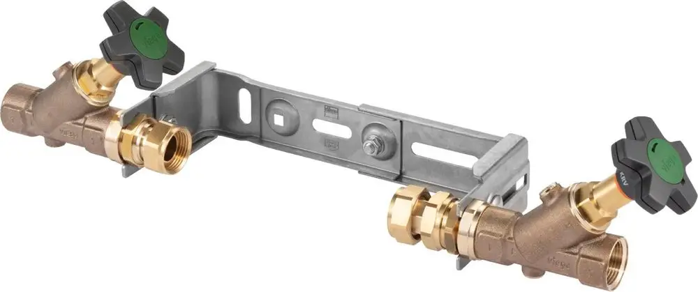 Montageeinheit von Viega mit zwei Absperrventilen, aus Rotguss oder Siliziumbronze, kombiniert mit einer stabilen Halterung.