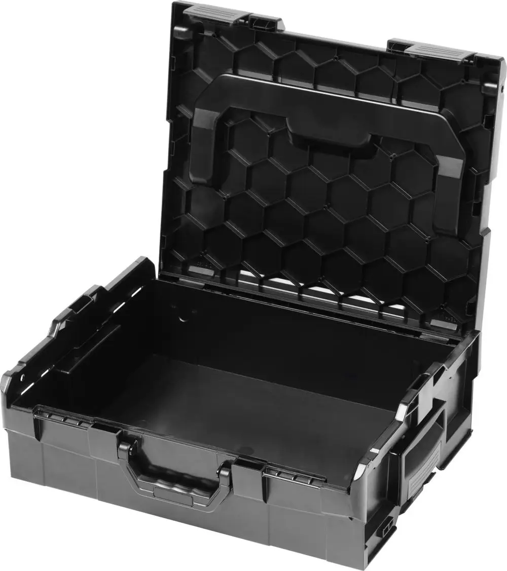 Schwarzer Systemkoffer mit einem halbtransparenten Deckel. Er verfügt über einen stabilen Griff und ist ideal für die Aufbewahrung von Werkzeugen und Zubehör von Viega.