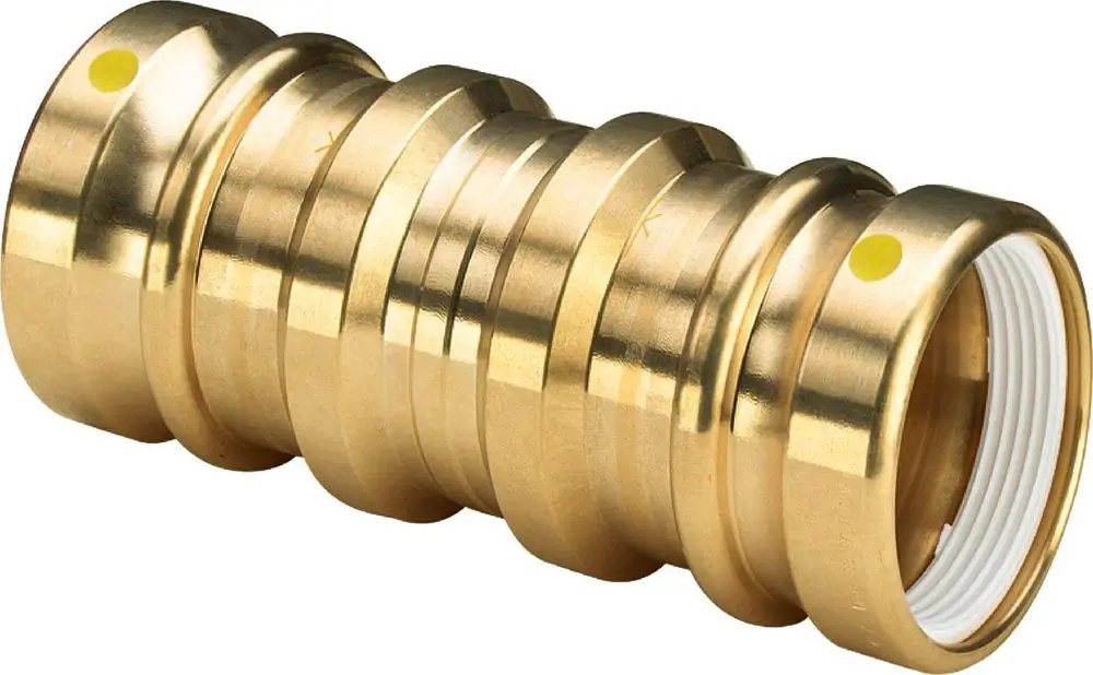 Fittings aus Rotguss mit gerader Form, hergestellt von Viega. Das Produkt hat eine geschliffene Oberfläche und Verbindungen für Rohrinstallationen.